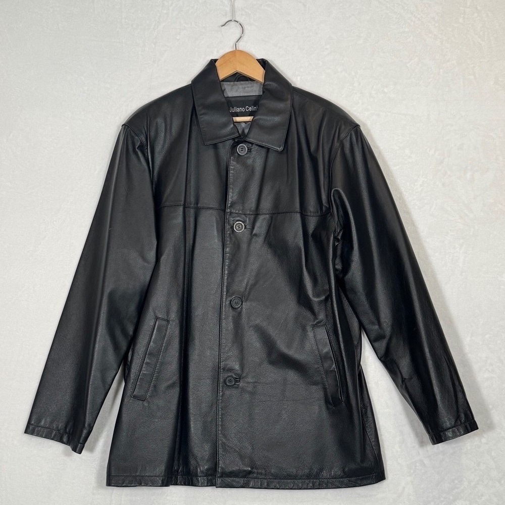 Juliano Celini Mens Black Leather Car Coat Jacket Button Front Size L